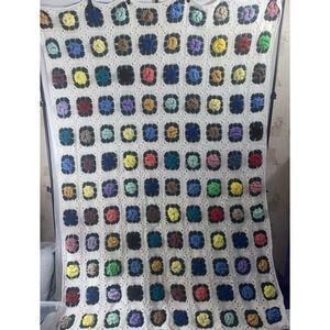 Vtg Afghan Crochet Bed Cover Granny Square 3D Flowers Handmade 52x94 Cottagecore